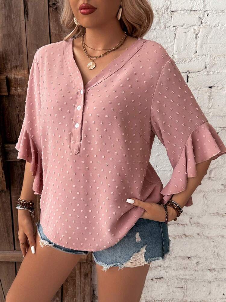 Plus Size Women's Swiss Dot Blouse With Ruffled Sleeves