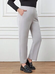 RueChic Plus Size Solid Color Pants With Slanted Pockets - Light Grey - View 5