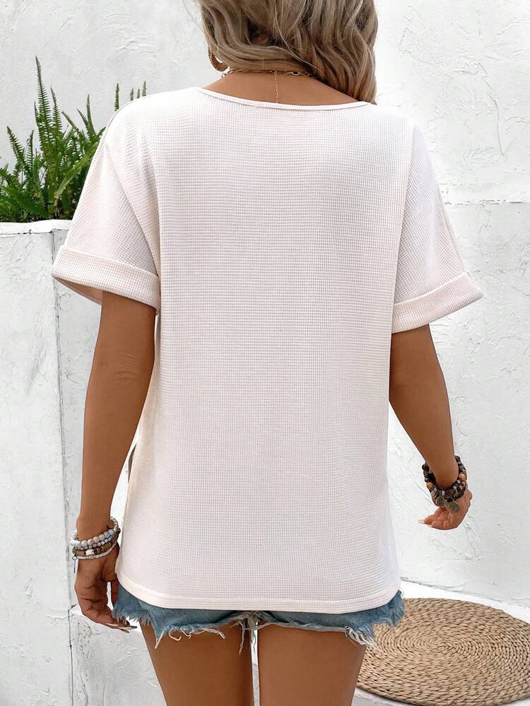 Solid Color Notch Collar Batwing Sleeve Cotton  T-Shirt Summer Pink