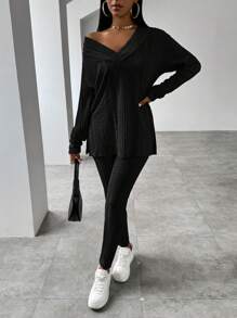 VaVaBold V領長袖開叉t卹+緊身褲套裝 - 黑色 - 查看 1