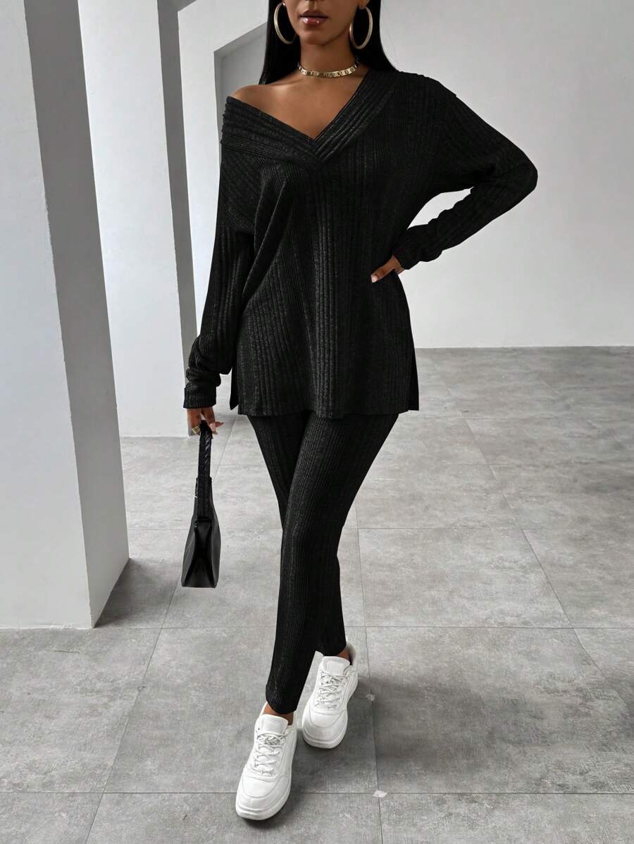 VaVaBold V領長袖開叉t卹+緊身褲套裝 - 黑色 - 查看 1