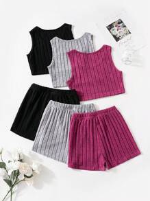SHEIN Tween Girls' Ribbed Tank Top And Shorts Set