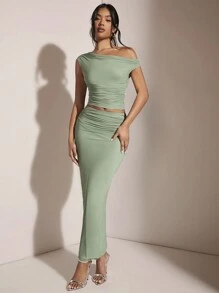 SHEIN BAE 女式不對稱領褶皺上衣和裙子套裝 - 綠色 - 查看 1