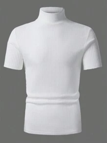Manfinity Homme Men Stand-Collar Ribbed Short Sleeve Plain T-Shirt, For Going Out, Summer Mock Neck White Top, Fall - White - View 8