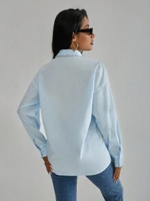 Aveloria Modichic 女士长袖衬衫，钻石装饰，优雅商务休闲女士纽扣衬衫，女士秋季服装 - 淺藍色 - 查看 2