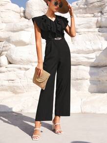 Chiquease Women's Elegant Solid Color Ruffle Edge Jumpsuit - Black - View 1