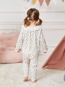 SHEIN 嬰兒女寶寶定期版型可愛花卉數字印花蕾絲修飾領長袖上衣與長褲套裝，適用於居家穿著 - 白色 - 查看 2