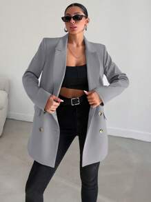 EURMUSE Exquisitely Tailored Double Breasted Structured Blazer - Light Grey - View 5