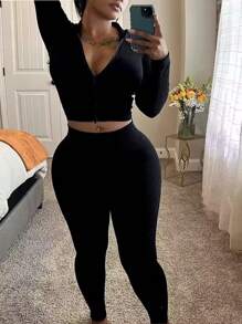 Plus Size Zipper & Ribbed Knit Design Top & Pants Women's Two-Piece Outfit, Comfortable Knitted Fabric, Slim Fit, Sexy & Streetwear Set