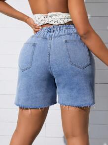 SHEIN SXY Kích thước lớn Của phụ nữ Đau khổ Frayed Hem Quần short Denim - Rửa nhẹ - Xem 2