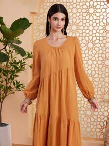 Seusyu 女性圓領燈籠袖阿拉伯風格連衣裙 - 黃色 - 查看 7