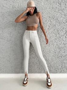 EURMUSE 98%Cotton High Waist Split Hem Skinny Jeans - Beige - View 1