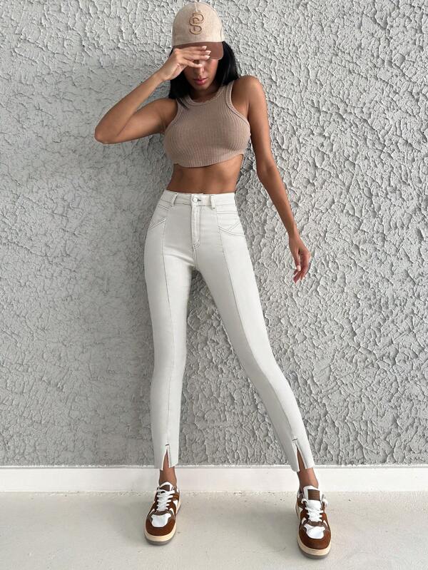 EURMUSE 98%Cotton High Waist Split Hem Skinny Jeans