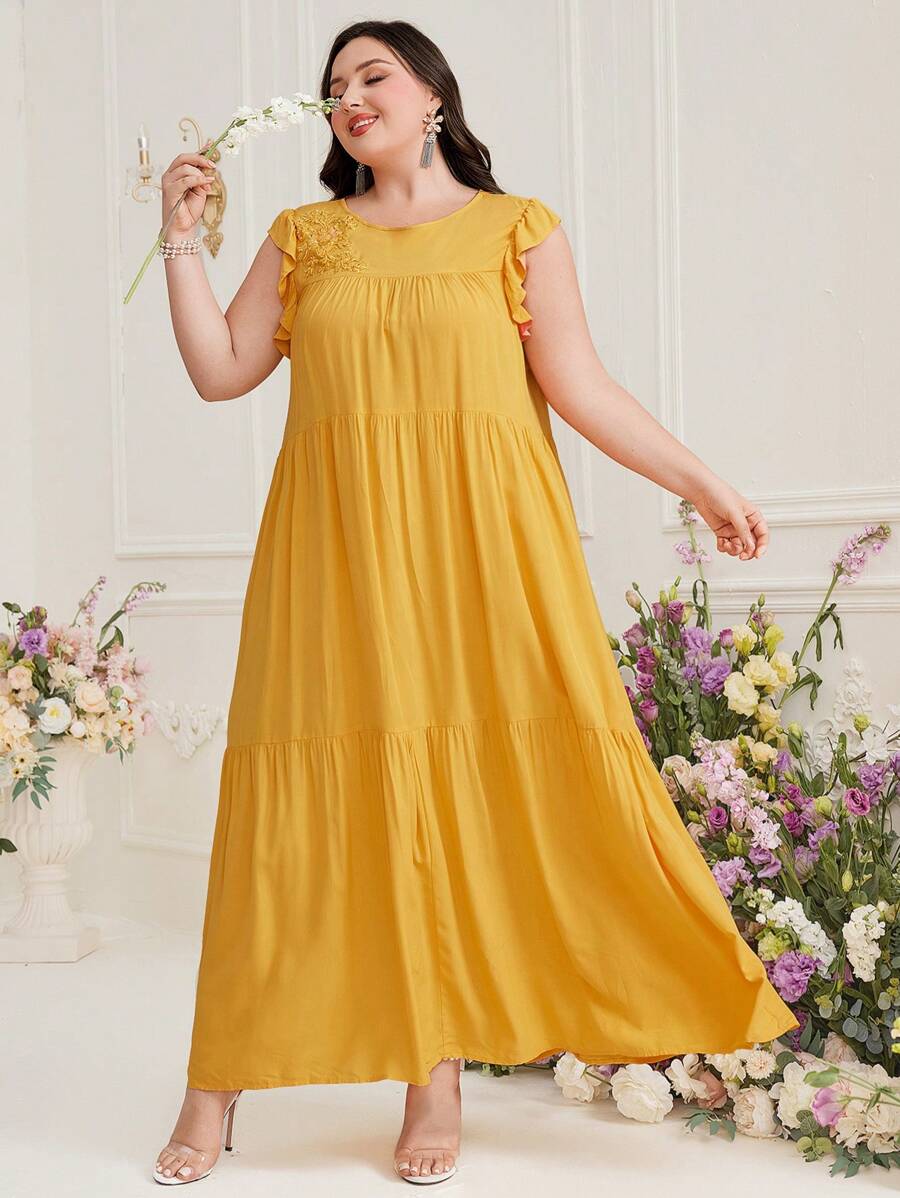 Mulvari Đầm Plus Size Đề can Xù Hoa Khiêm tốn - Màu Mù tạt vàng - Xem 1