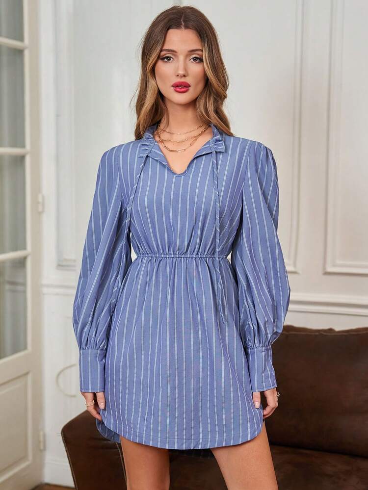 Striped Collar & Belted Dress Winter Casual