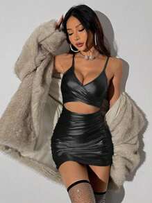 Allurite Women's Pleated Waist Cutout Cami Bodycon Dress - Black - View 1