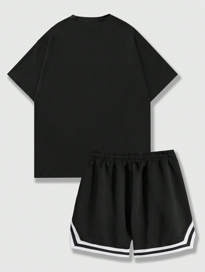 Goth Conjunto Para Hombre De Camiseta Y Pantalones Cortos Con Eslogan E Impresión De Personajes