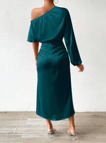 Chiquease Asymmetrical Neckline Satin Dress - Teal Blue - View 2