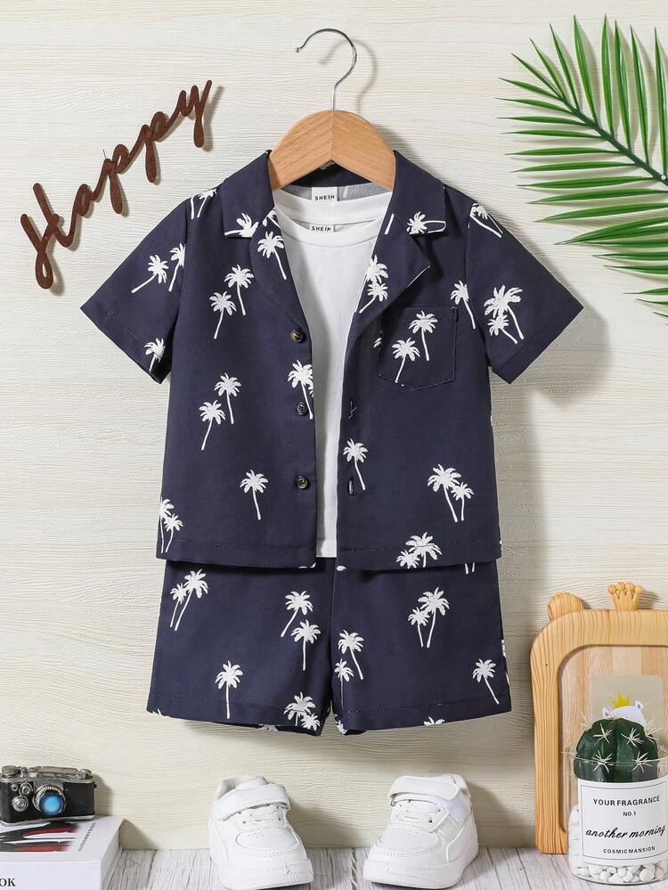 Unisex Baby'S Coconut Tree Pattern Polo Shirt With Short Sleeve & Button Placket And Casual Shorts Set