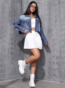 SHEIN EZwear سترة نسائية من قماش الدنيم بأزرار أمامية بحاشية متوترة - الأزرق - مشاهدة 3