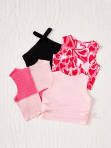 Tween Girls' Knit Short Tank Top For Summer Set With Heart Print, 4pcs For Spring/Summer