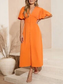 SHEIN Clasi 女士蝴蝶袖束腰連衣裙 - 橘色 - 查看 3