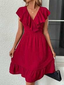 SHEIN Clasi Women's V-Neck Floral Jacquard Dress With Ruffle Trim - Burgundy - View 5