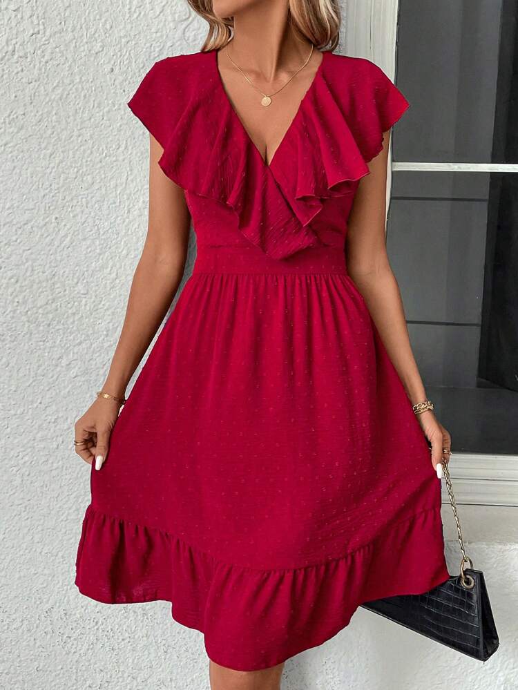 Women's V-Neck Floral Jacquard Dress With Ruffle Trim
