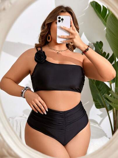 SHEIN Swim Curve 大尺碼純色3d花卉裝飾泳裝套裝