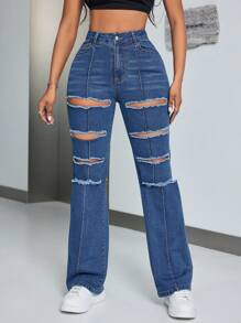 SHEIN SXY צבע אחיד ג'ינסים קרועים - כחול - ראה 1