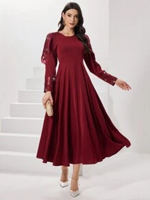 Modelyn Burgundy Red Women's Sparkly Long Sleeve Dress With Tassel Detailing - Burgundy - View 5