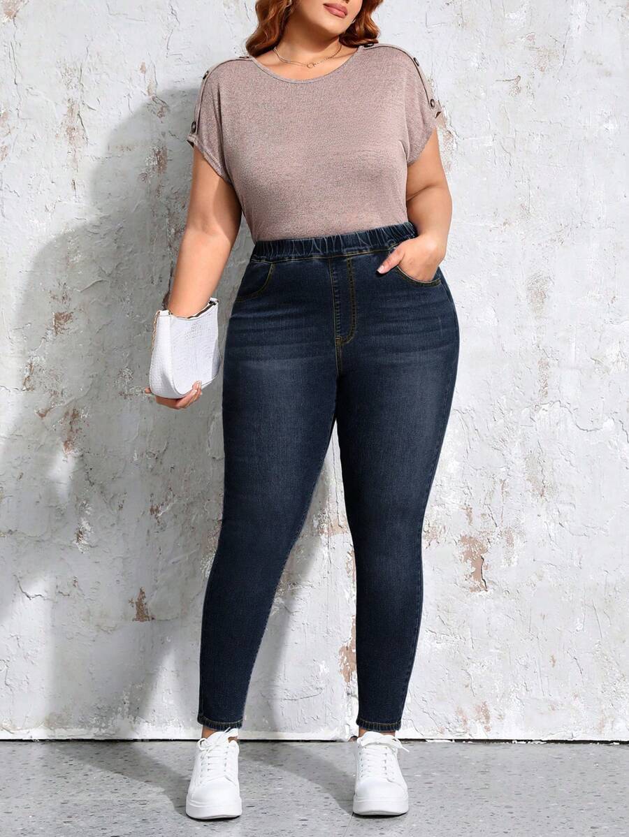 SHEIN Essnce 女式纯色紧身口袋休闲百搭牛仔裤 - 藍色 - 查看 1
