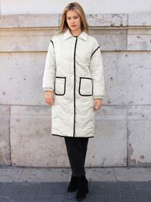 SHEIN Frenchy Khối màu Lỏng lẻo Đệm Chiều dài trung bình áo Với Hem - trắng - Xem 3