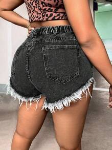 SHEIN SXY Plus Size Frayed Hem Washed Sexy Denim Shorts - Grey - View 2