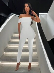 SHEIN SXY 情人节女士性感白色不对称领口单肩高弹高端优雅性感丝滑亲肤提臀紧身连体裤 - 白色 - 查看 3