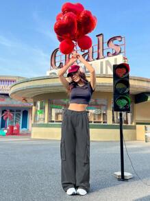 SHEIN EZwear 女式灰色針織貨物褲,帶口袋 - 灰色 - 查看 10