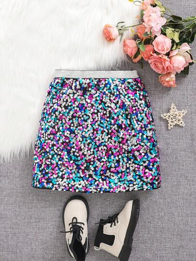 SHEIN Tween Girls' Sparkling Casual A-Line Skirt