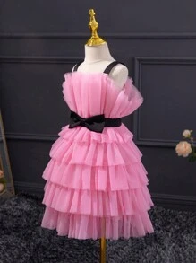 SHEIN Young Girls' Sweet & Cool Mesh Spaghetti Strap Dress For Daily Wear - Pink - View 7