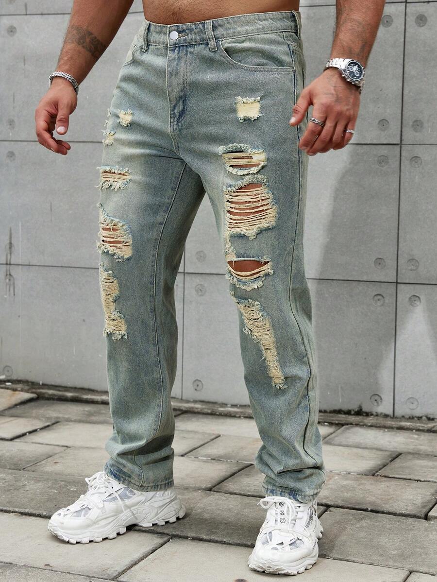 Manfinity Homme 男士磨損牛仔褲寬鬆長款破洞深色洗水牛仔褲裝有口袋前綠色聚會時尚朋友 - 淺色水洗藍 - 查看 1