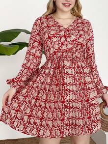 SHEIN Frenchy Plus Size Vacation Pleated Printed Lantern Sleeve V-Neck Dress