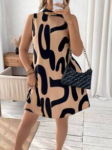 Calvaya Plus Size Women's Halter Neck Printed Dress - Brown - View 5