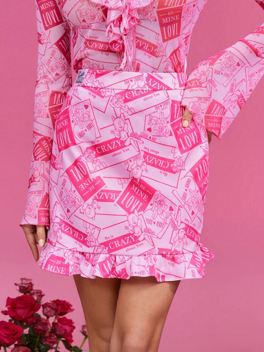 TOM & JERRY X SHEIN Allover Print Cartoon Ruffle Hem Skirt