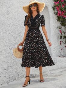 Chiquease Đầm Maxi In Hoa Ren Viền Cổ Chữ V Tay Ngắn Cho Nữ - màu đen - Xem 3