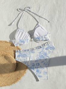 SHEIN Swim Summer Beach Floral Print Two-Piece Bikini Set - Blue and White - View 4