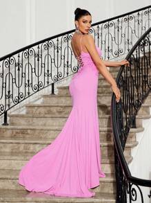 SHEIN Belle Women's Rose Pink Knitted Stretch Mermaid Train Dress,Exquisite Flower Applique V-Neck Cami Fish Tail Back Tied Cascading Ruffles Evening Party Gown - Pink - View 2