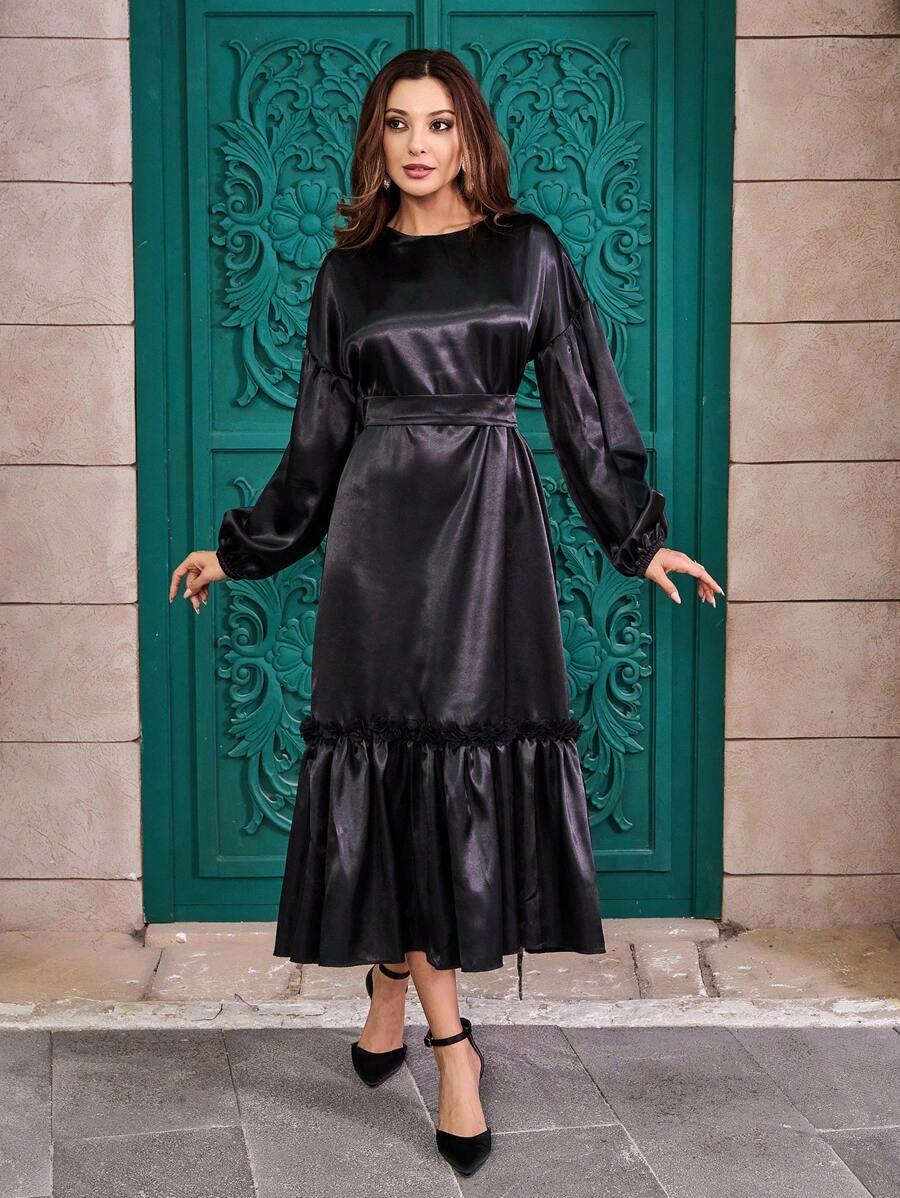 RueChic Modest Satin Dress With Shirred Detail On Bottom - Black - View 1