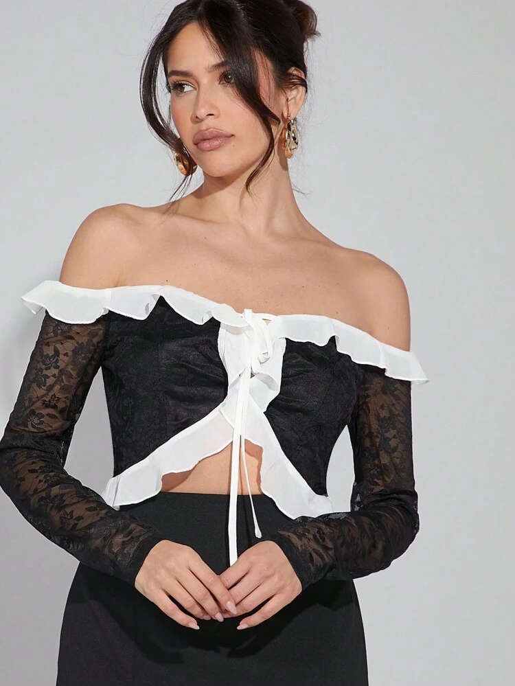 Colorblock Off Shoulder Ruffle Top
