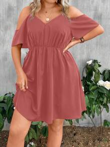 SHEIN LUNE Kích thước lớn Của phụ nữ Vai lạnh Eo đàn hồi Đầm - Bụi hồng - Xem 1