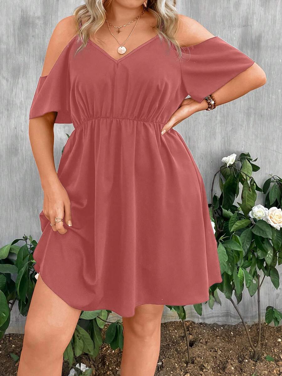 SHEIN LUNE Kích thước lớn Của phụ nữ Vai lạnh Eo đàn hồi Đầm - Bụi hồng - Xem 1