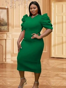 Plus Gigot Sleeve Bodycon Dress Party Dress Wedding Guest Dress - Green - View 5